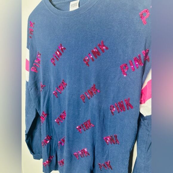 VS Pink Womens Sequin Bling Logo Long Sleeve Shirt Blue Pink X-Small - Picture 3 of 7